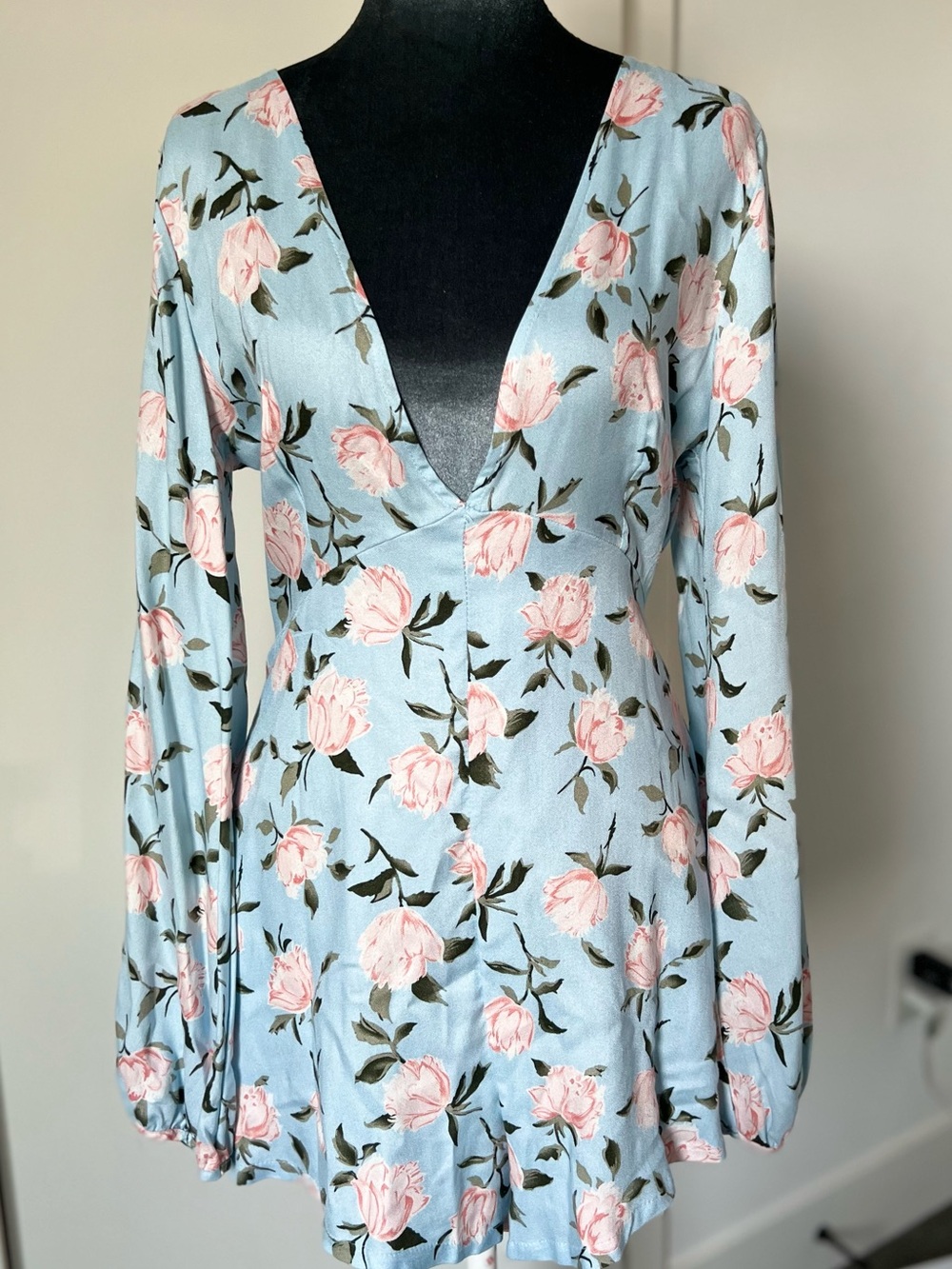 Light Blue Floral V-Neck Long Sleeve Romper